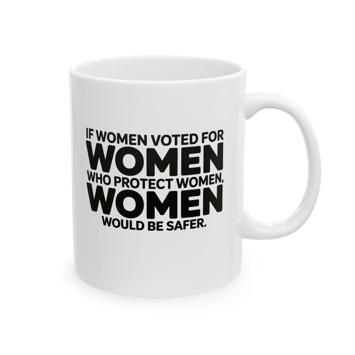If Women Voted for Women Who Protect Women, Women Would Be Safer Mug 11oz (BOLD) (White & Black)-Mug-The Original God Ain't Petty But I Am