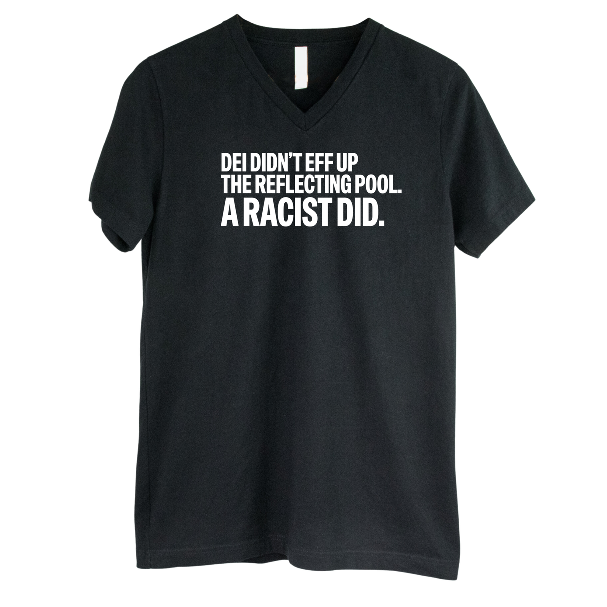 DEI didn't eff up the reflecting pool. A RACIST DID *BLACK V-NECK* Unisex Tee-T-Shirt-The Original God Ain't Petty But I Am