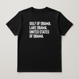 Black T-shirt with white text reading Gulf of Obama, Lake Obama, United States of Obama