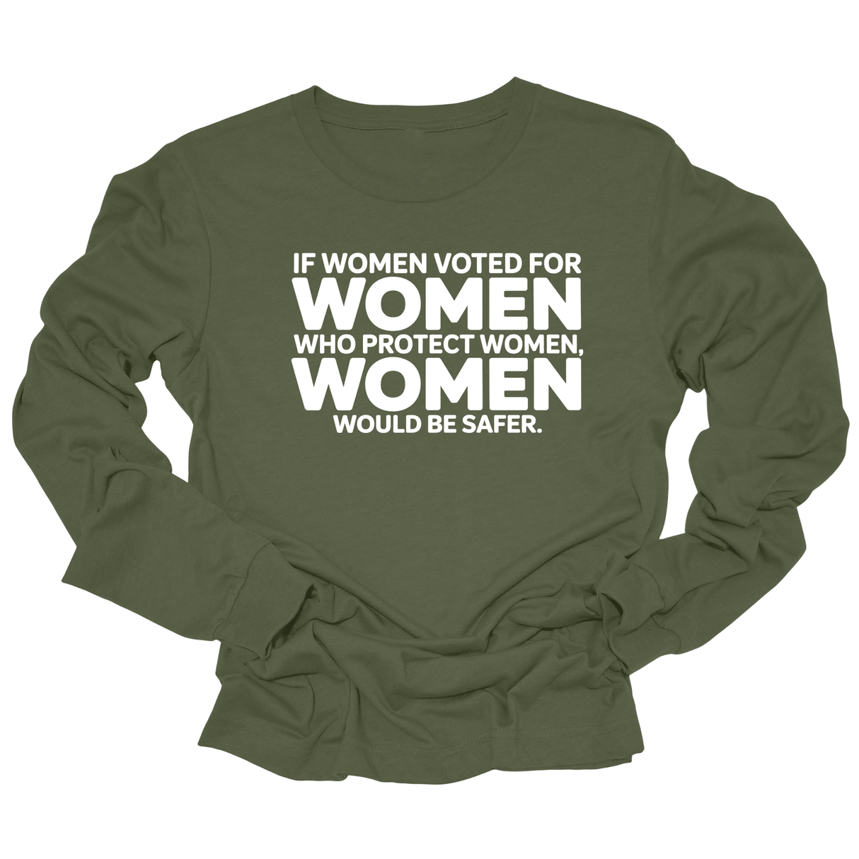 If Women Voted for Women Who Protect Women, Women Would Be Safer Unisex Long Sleeved Tee (BOLD)-Long Sleeved T-Shirt-The Original God Ain't Petty But I Am