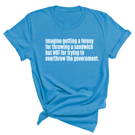 Imagine Getting a Felony for Throwing a Sandwich but Not for Trying to Overthrow the Government Unisex Tee-T-Shirt-The Original God Ain't Petty But I Am