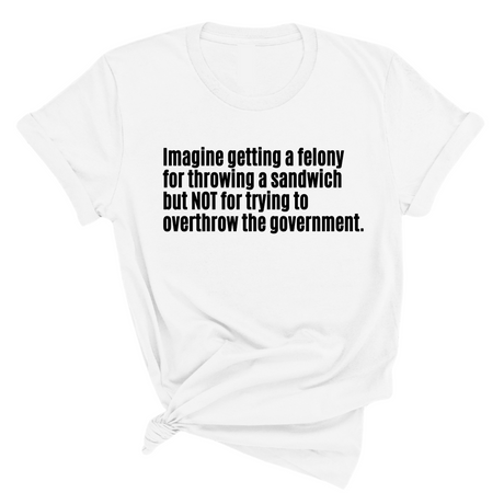 Imagine Getting a Felony for Throwing a Sandwich but Not for Trying to Overthrow the Government Unisex Tee-T-Shirt-The Original God Ain't Petty But I Am