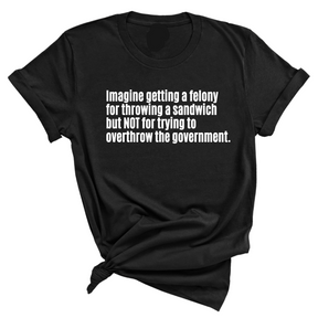 Imagine Getting a Felony for Throwing a Sandwich but Not for Trying to Overthrow the Government Unisex Tee-T-Shirt-The Original God Ain't Petty But I Am