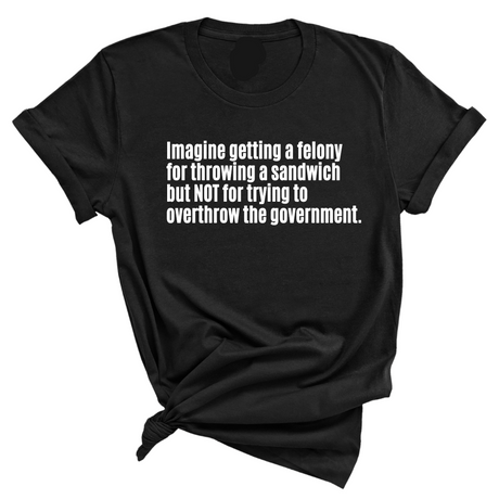Imagine Getting a Felony for Throwing a Sandwich but Not for Trying to Overthrow the Government Unisex Tee-T-Shirt-The Original God Ain't Petty But I Am