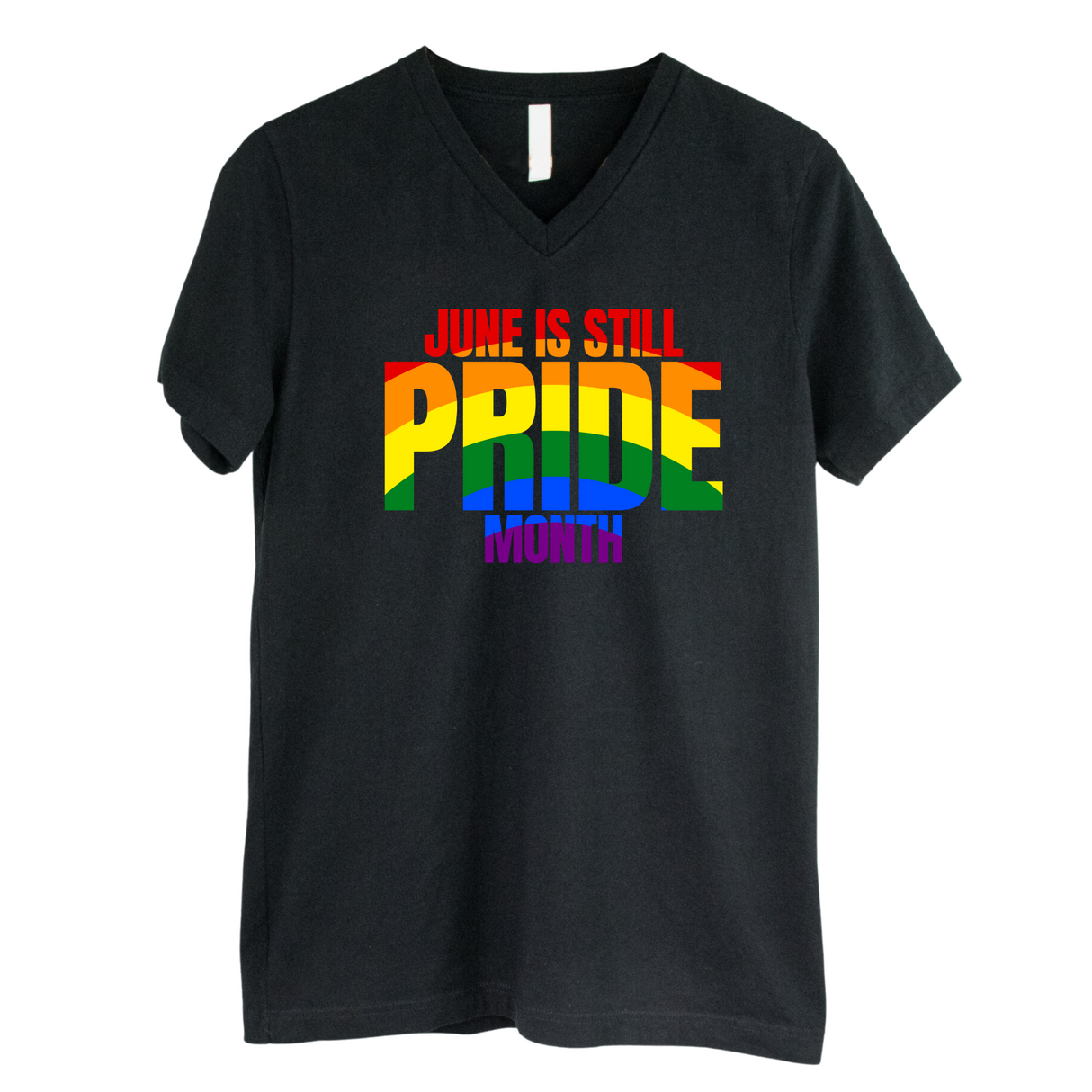 June is Still Pride Month *BLACK V-NECK* Unisex Tee (Rainbow Edition)-T-Shirt-The Original God Ain't Petty But I Am