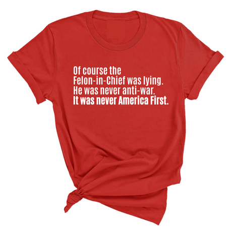 Of course the Felon-in-Chief was lying. He was never anti-war. It was never America First Unisex Tee-T-Shirt-The Original God Ain't Petty But I Am
