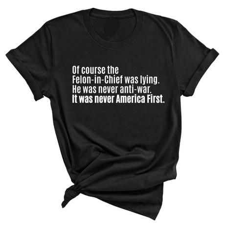 Of course the Felon-in-Chief was lying. He was never anti-war. It was never America First Unisex Tee-T-Shirt-The Original God Ain't Petty But I Am