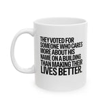 They voted for someone who cares more about his name on a building than making their lives better Mug 11oz (White & Black)-Mug-The Original God Ain't Petty But I Am