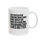 They voted for someone who cares more about his name on a building than making their lives better Mug 11oz (White & Black)-Mug-The Original God Ain't Petty But I Am