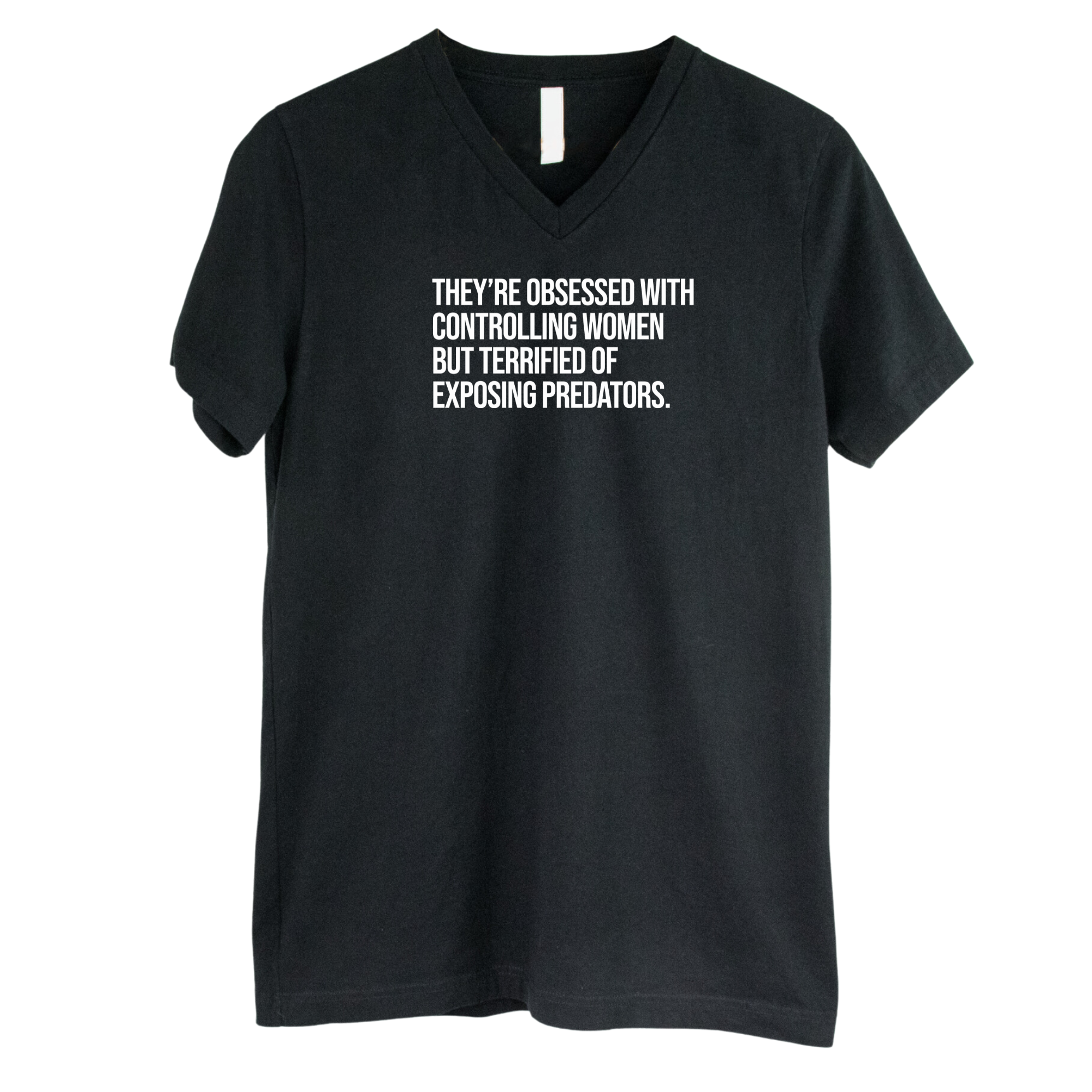 They’re Obsessed with Controlling Women but Terrified of Exposing Predators *BLACK V-NECK* Unisex Tee-T-Shirt-The Original God Ain't Petty But I Am