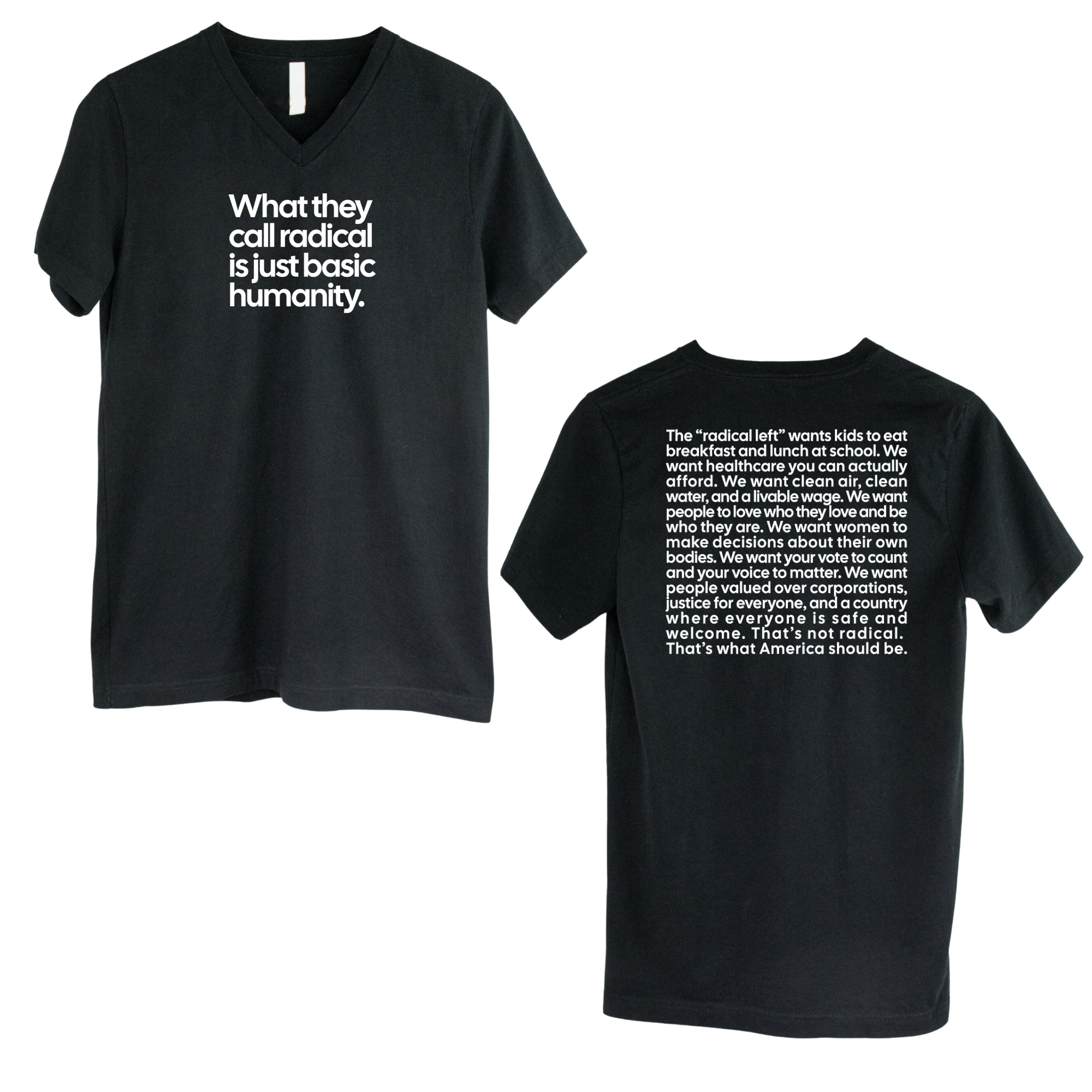 What They Call Radical Is Just Basic Humanity *BLACK V-NECK* Unisex Tee (Front and Back Print)