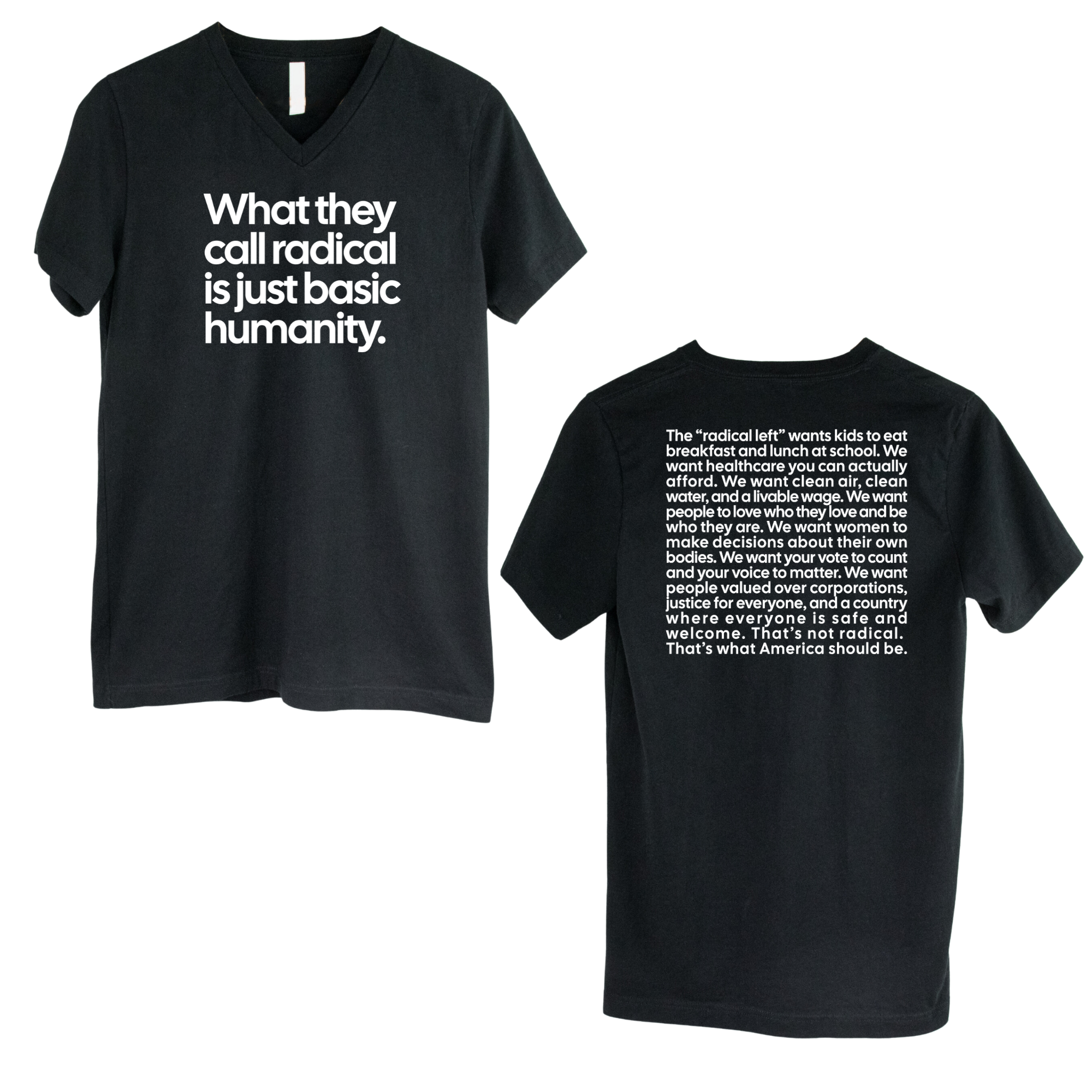 What They Call Radical Is Just Basic Humanity *BLACK V-NECK* Unisex Tee (Front and Back Print)