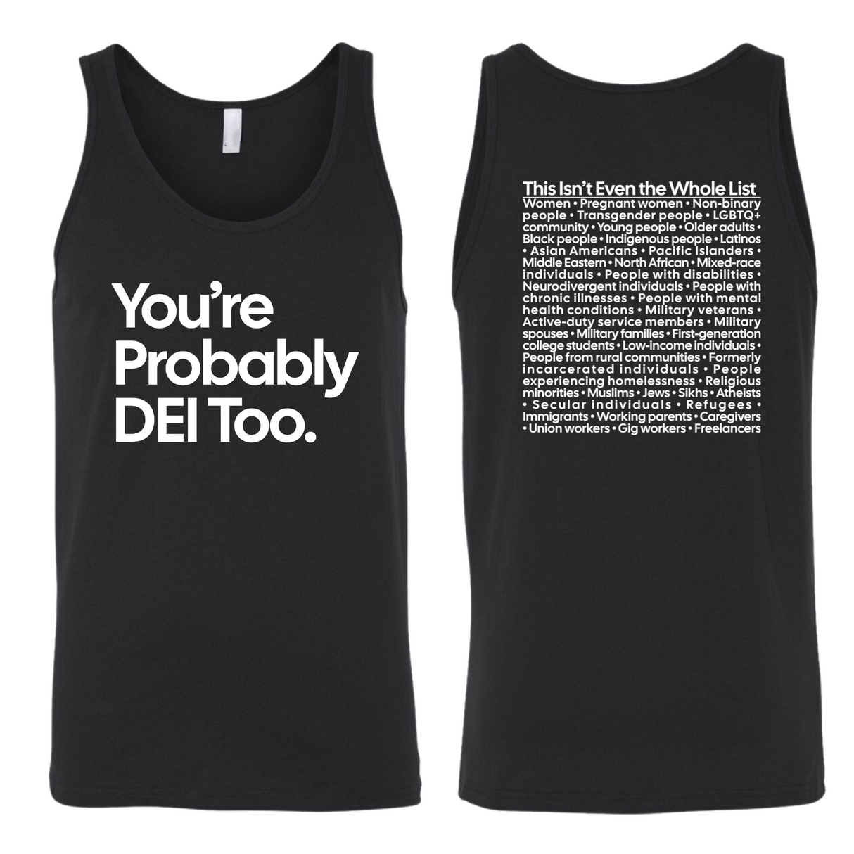 You're Probably DEI Too Unisex Tank Top (Front and Back Design Print)-T-Shirt-The Original God Ain't Petty But I Am